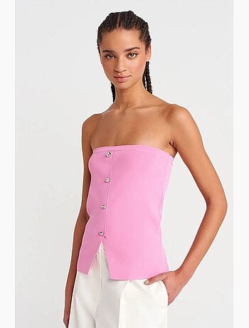 Mouwloze strapless ribgebreide crop top met knopen dilvin