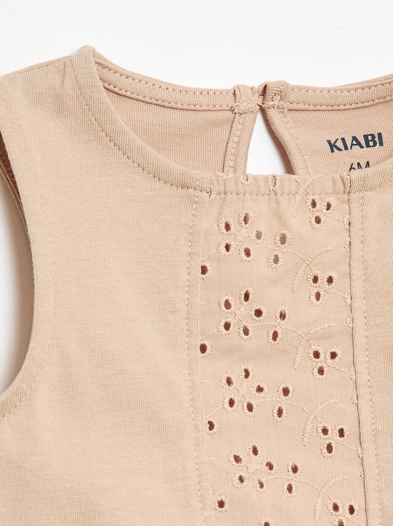 Mouwloze T-shirt van katoenen jerseytricot met broderie anglaise-details Biege - Kiabi