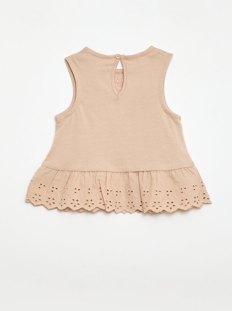 Mouwloze T-shirt van katoenen jerseytricot met broderie anglaise-details Biege - Kiabi