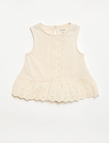 Mouwloze T-shirt van katoenen jerseytricot met broderie anglaise-details