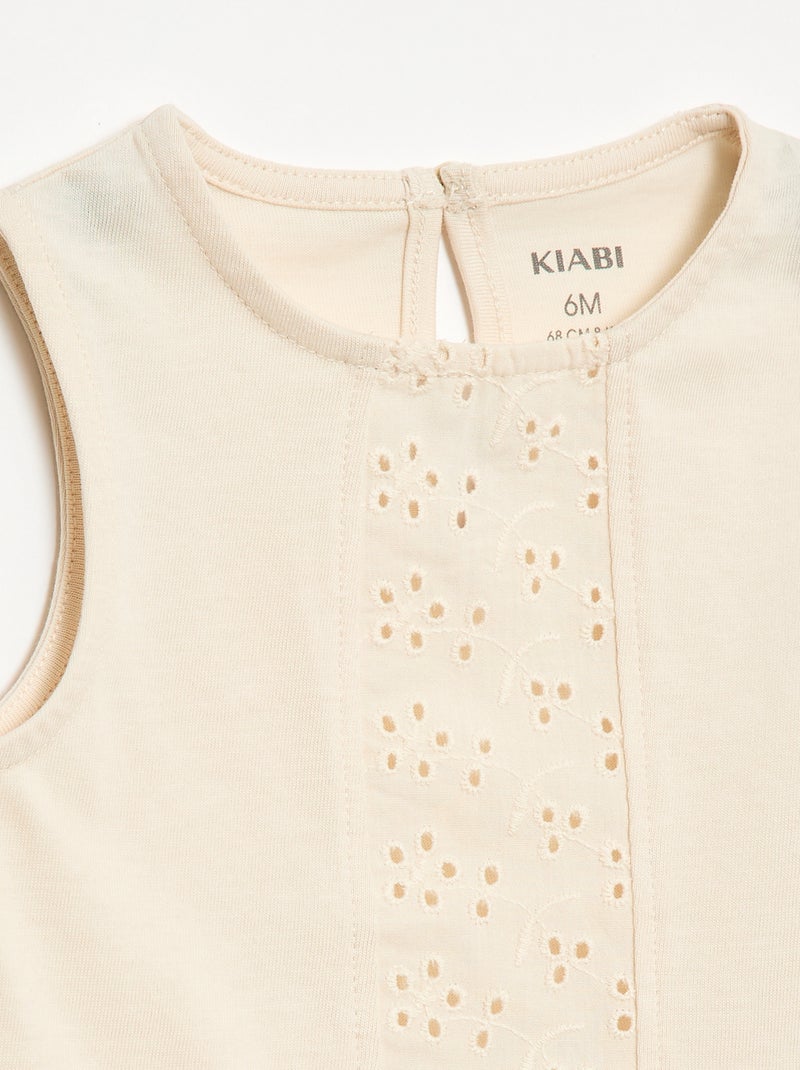 Mouwloze T-shirt van katoenen jerseytricot met broderie anglaise-details Ecru - Kiabi