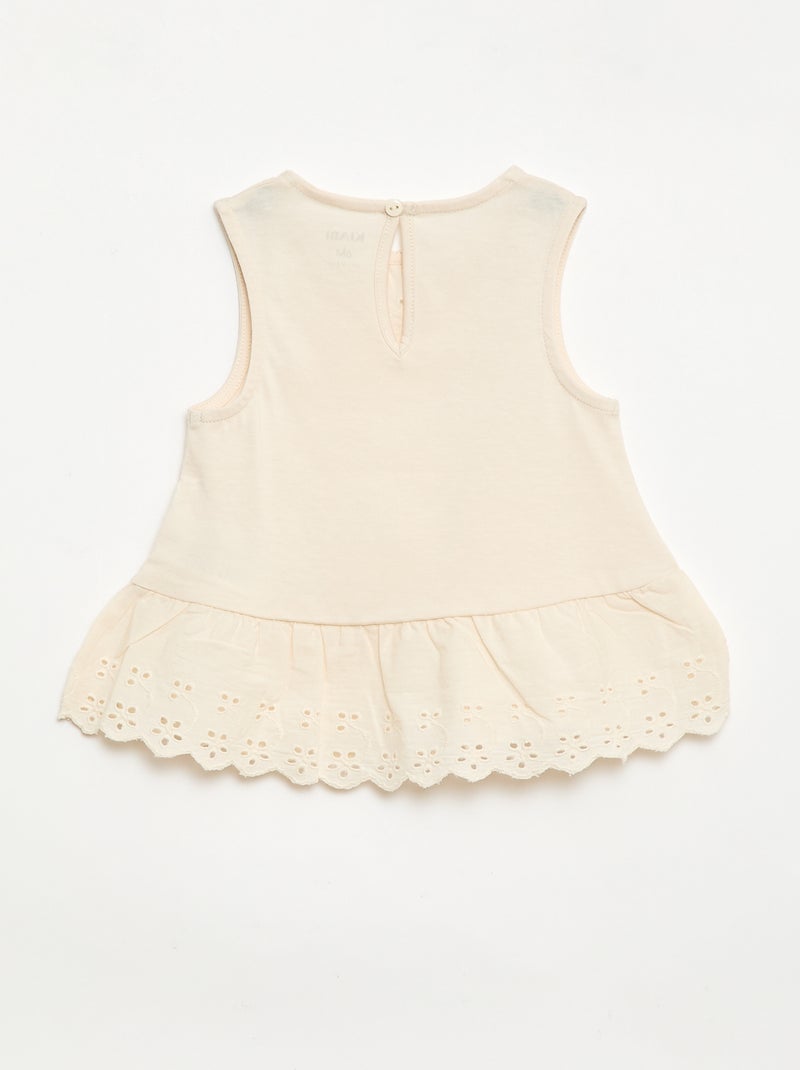 Mouwloze T-shirt van katoenen jerseytricot met broderie anglaise-details Ecru - Kiabi
