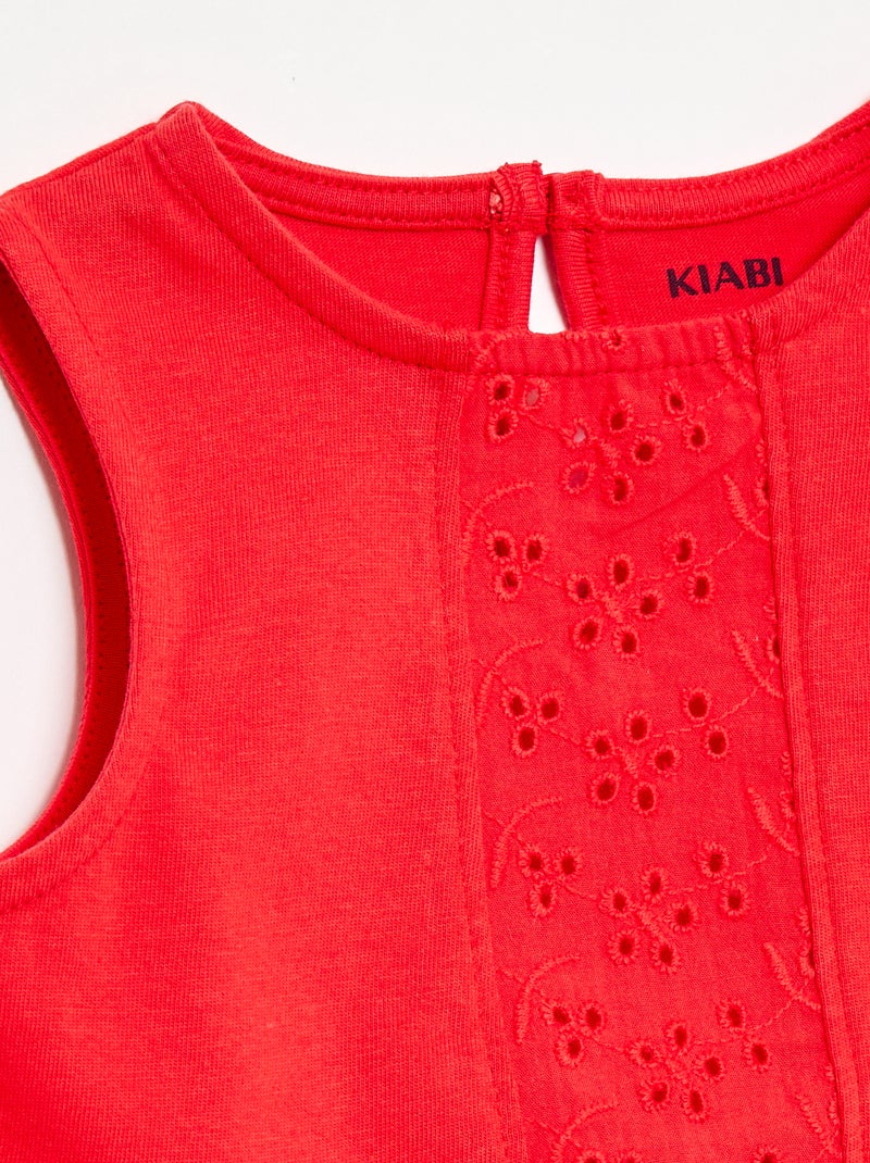 Mouwloze T-shirt van katoenen jerseytricot met broderie anglaise-details Rood - Kiabi
