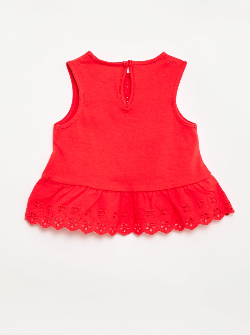 Mouwloze T-shirt van katoenen jerseytricot met broderie anglaise-details Rood - Kiabi