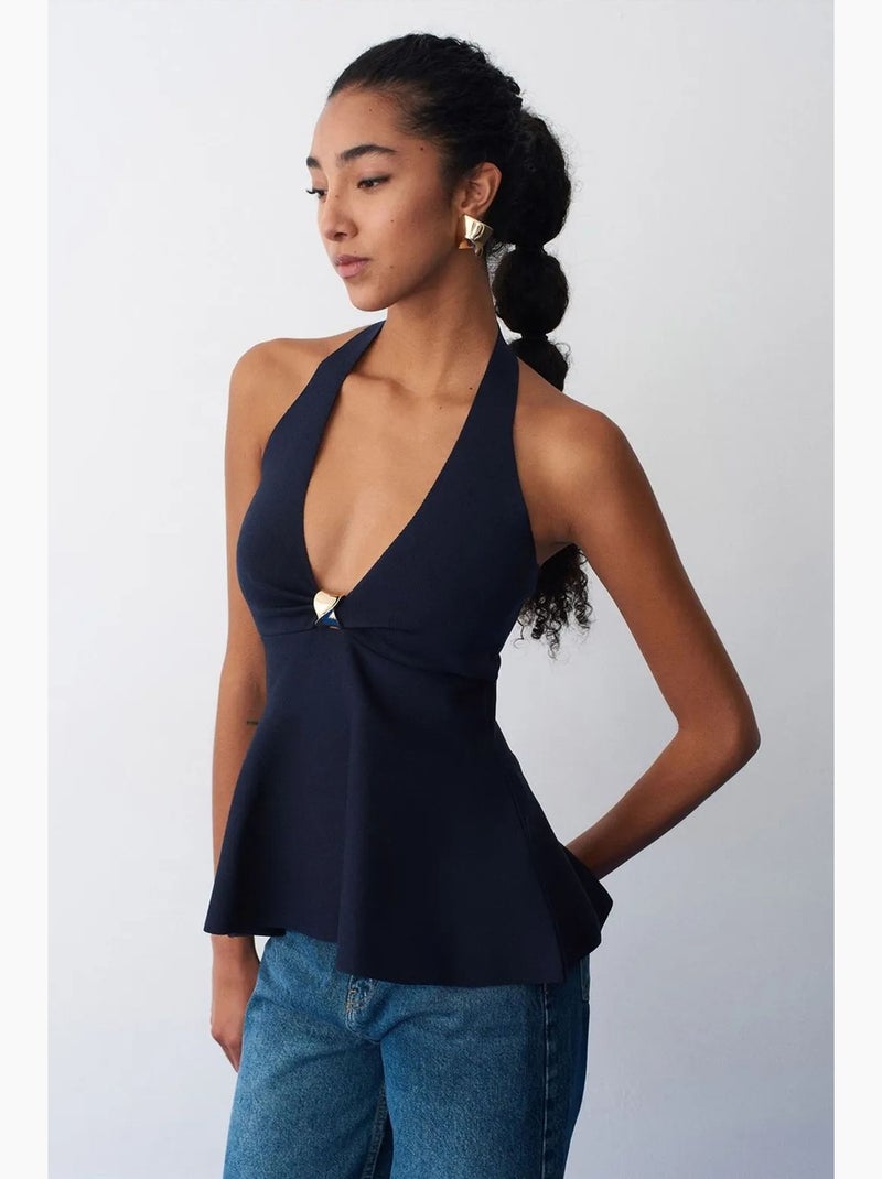 Mouwloze top naadloos halternek peplum dilvin Marineblauw - Kiabi