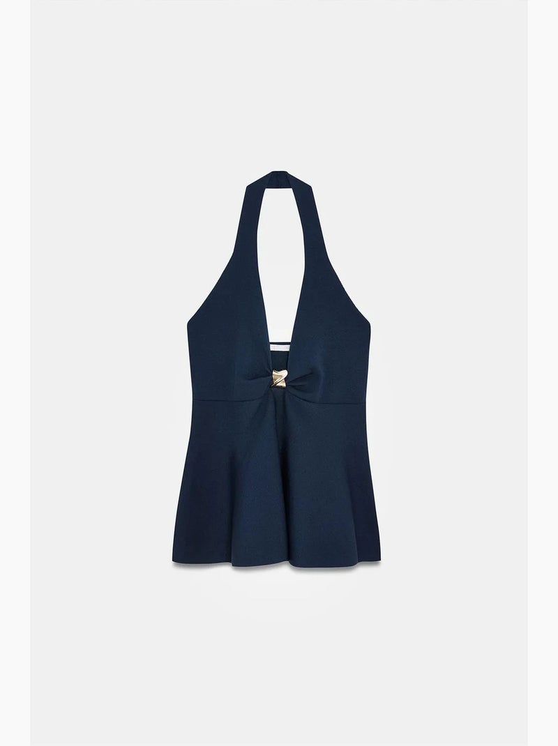 Mouwloze top naadloos halternek peplum dilvin Marineblauw - Kiabi