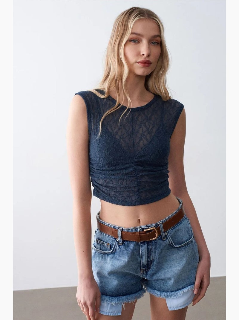 Mouwloze top rib met kant dilvin Marineblauw - Kiabi