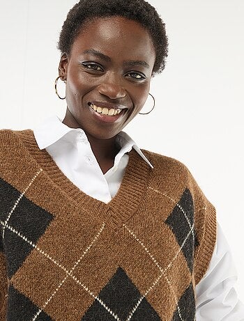 Mouwloze trui met ruitmotieven