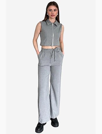 Mouwloze vest met rits en broek met wijde pijpen tweedelige co-ord set my fashion
