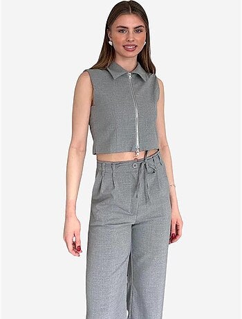 Mouwloze vest met rits en broek met wijde pijpen tweedelige co-ord set my fashion