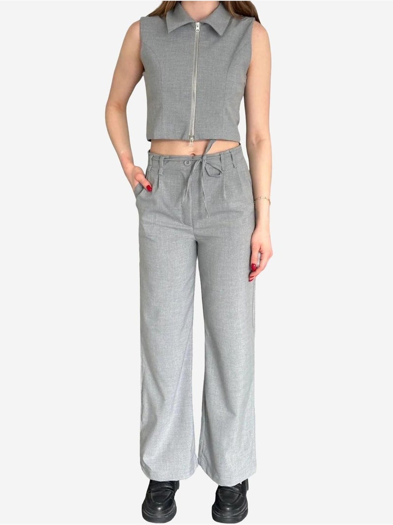 Mouwloze vest met rits en broek met wijde pijpen tweedelige co-ord set my fashion Grijs - Kiabi