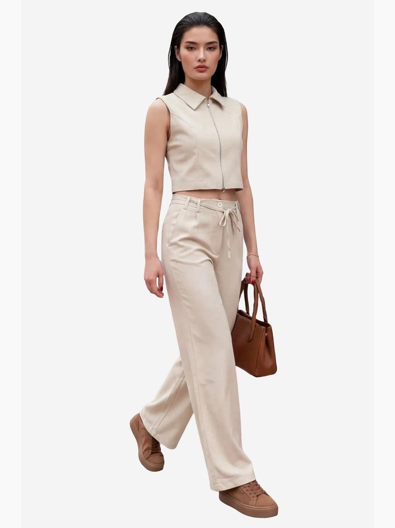 Mouwloze vest met rits en broek met wijde pijpen tweedelige co-ord set my fashion Klei-beige - Kiabi