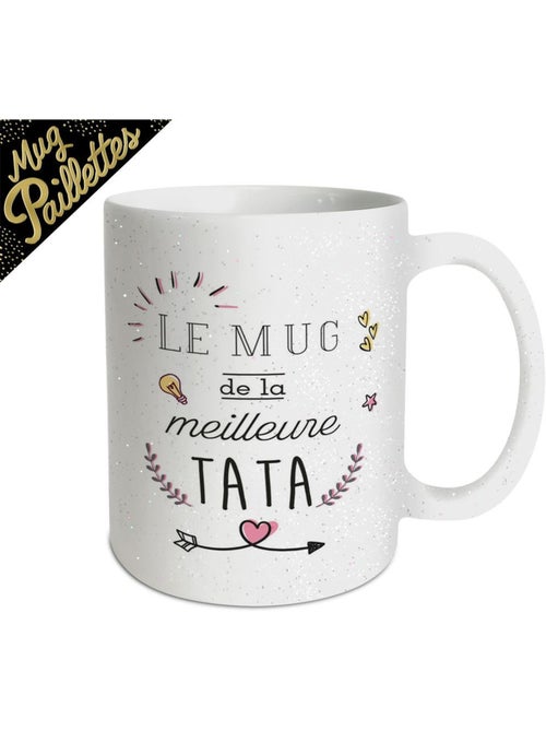 Mug décoratif blanc à paillettes et texte en français - Kiabi Mug décoratif blanc à paillettes et texte en français - Kiabi