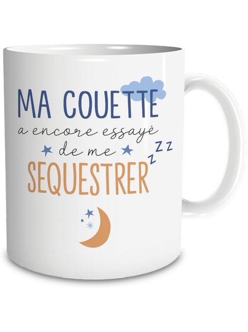 Mug humoristique en céramique blanche inscription Ma couette a encore essayé de me SÉQUESTRER - Kiabi Mug humoristique en céramique blanche inscription Ma couette a encore essayé de me SÉQUESTRER - Kiabi