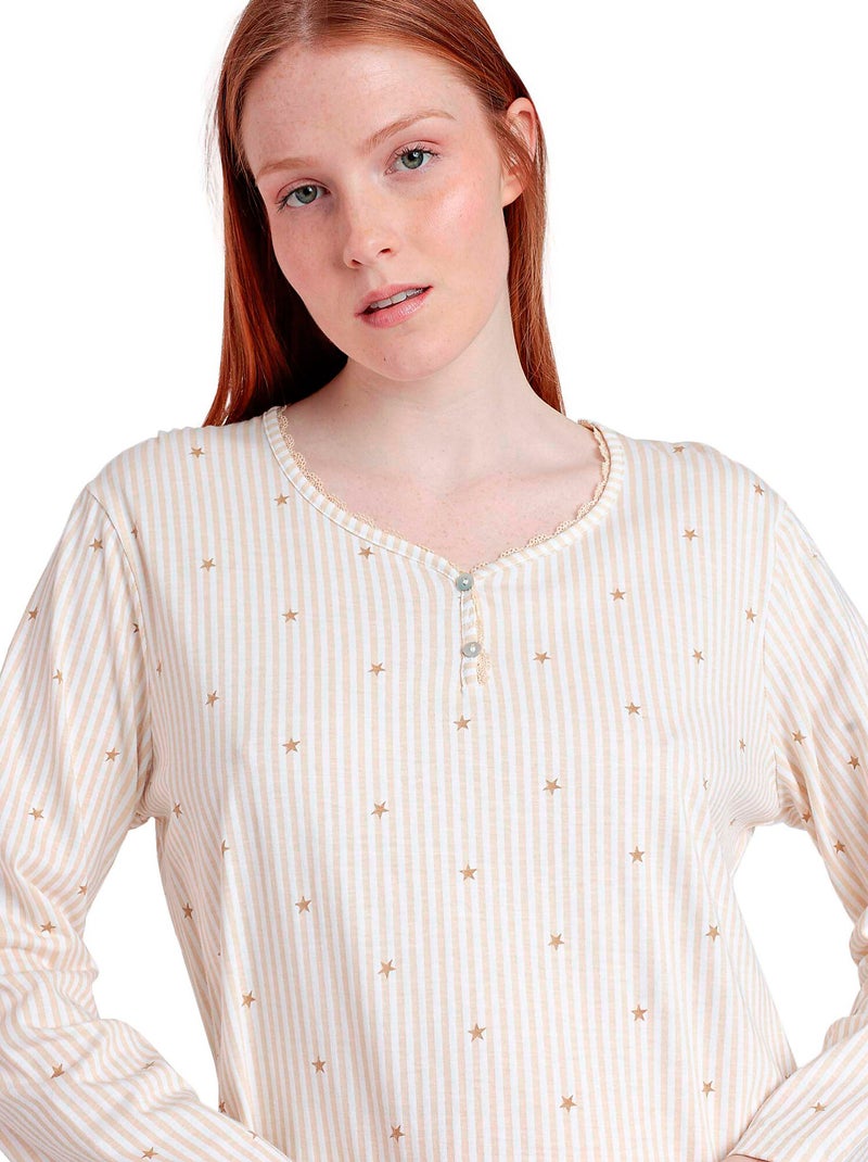 Nachthemd met lange mouwen en ronde hals stripes and stars Beige - Kiabi