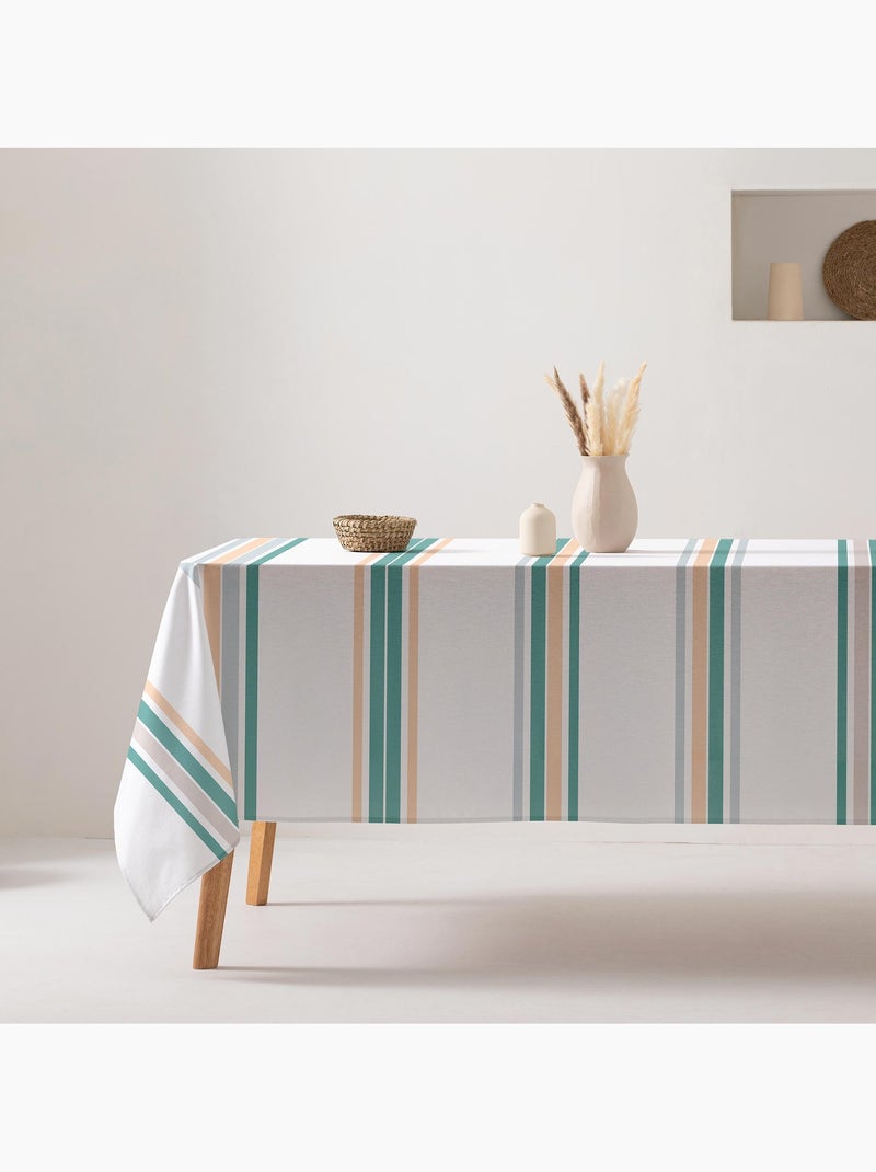 Nappe anti-taches en coton, motif à larges rayures, tombé naturel, effet tissu - Gamusi. Vert sauge/Blanc cassé/Sable - Kiabi