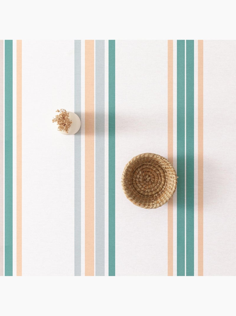 Nappe anti-taches en coton, motif à larges rayures, tombé naturel, effet tissu - Gamusi. Vert sauge/Blanc cassé/Sable - Kiabi
