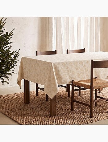 Nappe de noël en coton, branches de houx dorées en relief - gamusi
