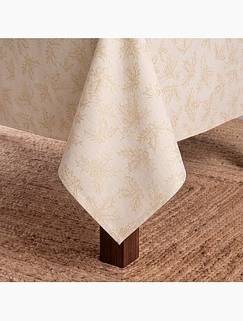 Nappe de noël en coton, branches de houx dorées en relief - gamusi