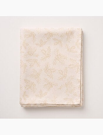 Nappe de noël en coton, branches de houx dorées en relief - gamusi