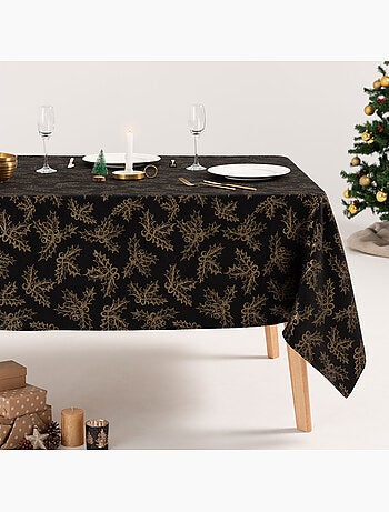 Nappe de noël en coton, branches de houx dorées en relief - gamusi