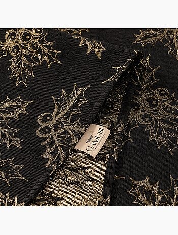 Nappe de noël en coton, branches de houx dorées en relief - gamusi
