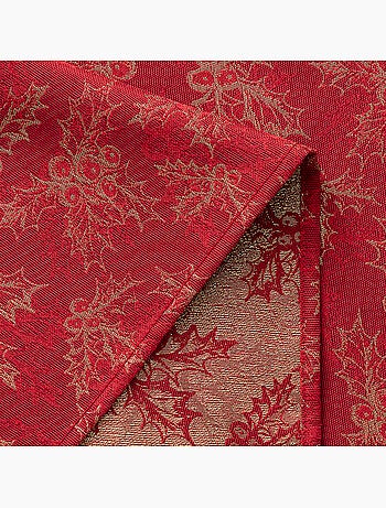 Nappe de noël en coton, branches de houx dorées en relief - gamusi