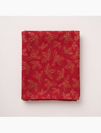 Nappe de noël en coton, branches de houx dorées en relief - gamusi