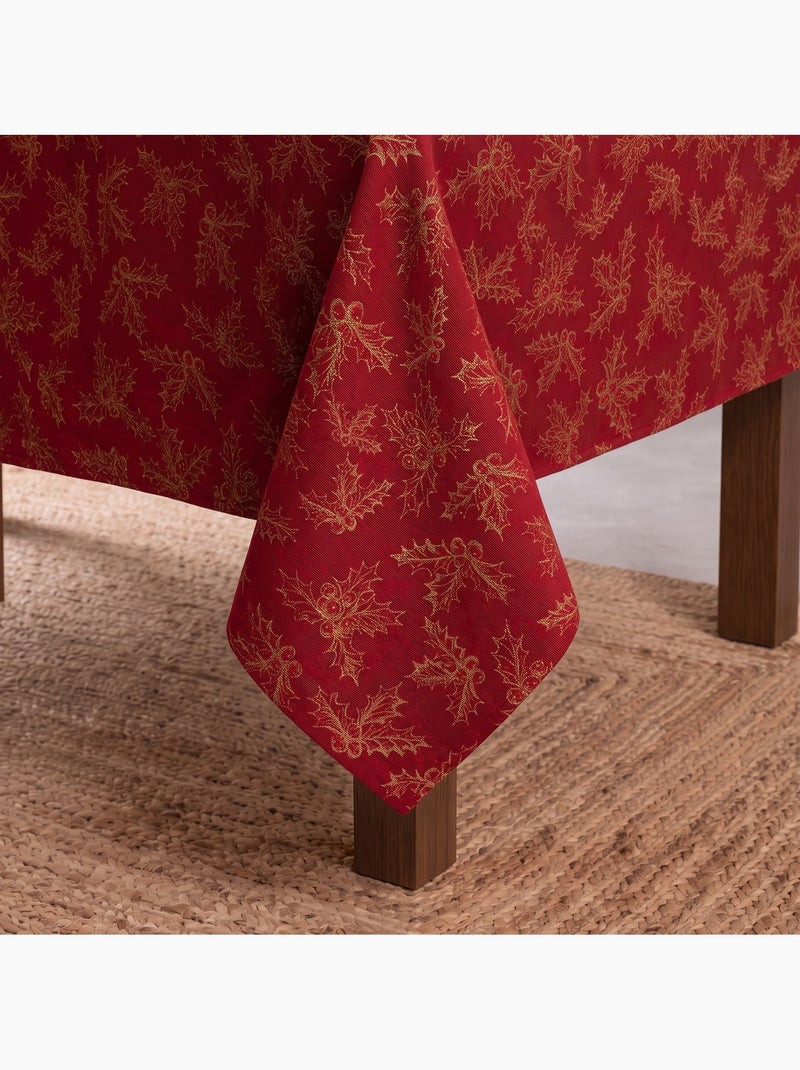 Nappe de noël en coton, branches de houx dorées en relief - gamusi Rouge - Kiabi