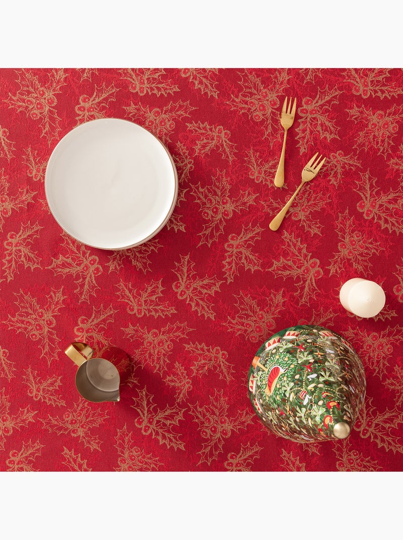 Nappe de noël en coton, branches de houx dorées en relief - gamusi Rouge - Kiabi