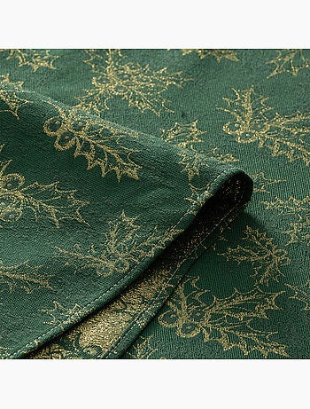 Nappe de noël en coton, branches de houx dorées en relief - gamusi