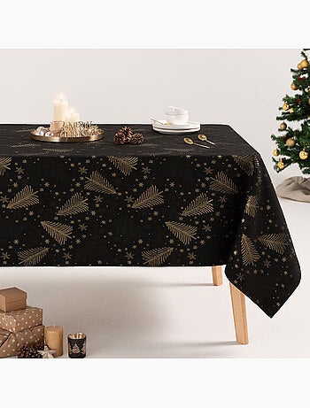 Nappe de noël en coton, sapins et étoiles dorés en relief - gamusi