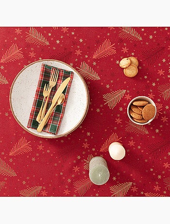 Nappe de noël en coton, sapins et étoiles dorés en relief - gamusi