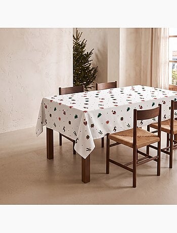 Nappe de noël imperméable avec imprimé père noël, rennes, cadeaux et sapins - gamusi.