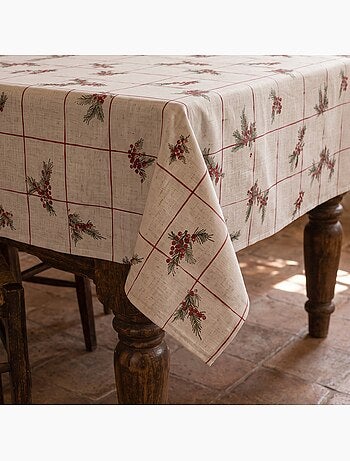 Nappe de noël toucher lin naturel avec imprimé à carreaux - gamusi.