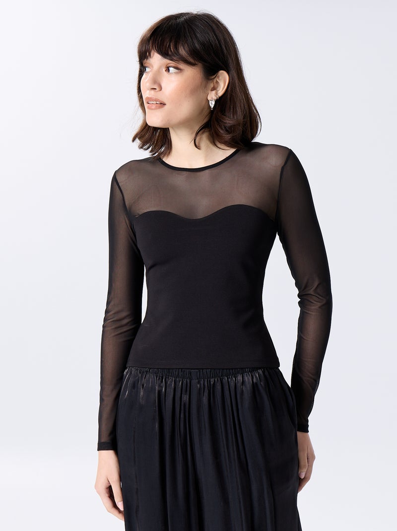 Nauwsluitend T-shirt met transparante bovenkant Zwart - Kiabi