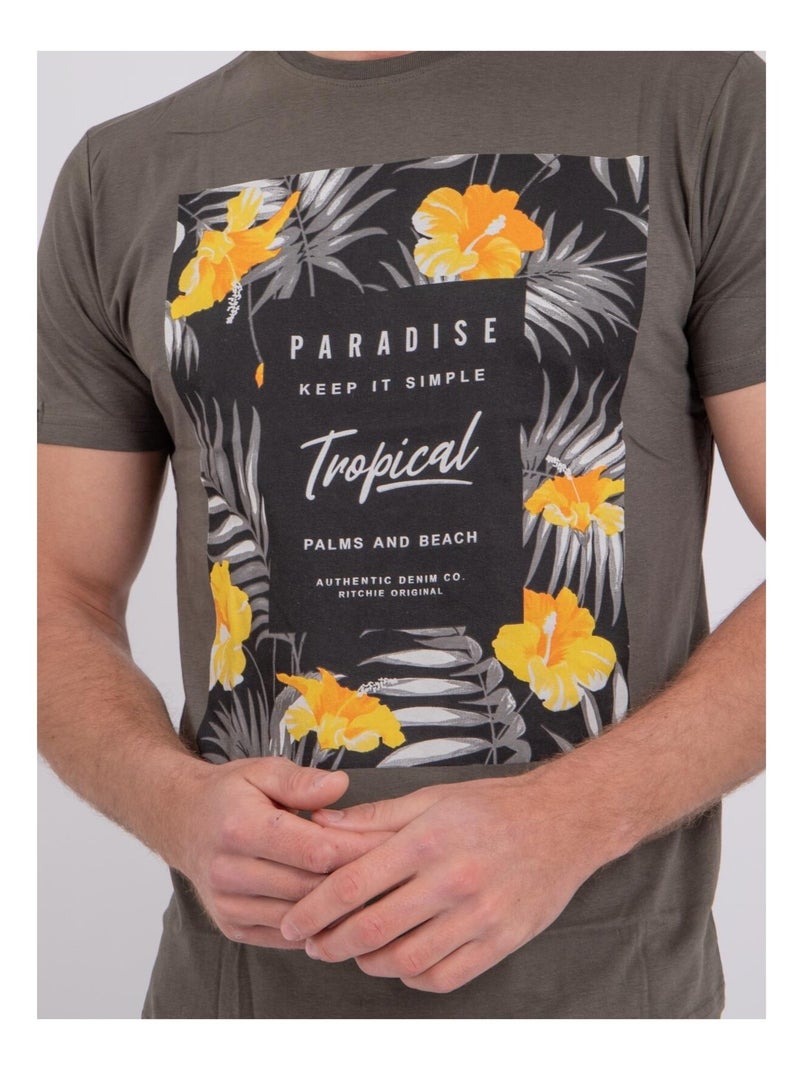 NOCTAVIO T-shirt met korte mouwen, ronde hals en gemaakt van puur katoen. Kaki - Kiabi