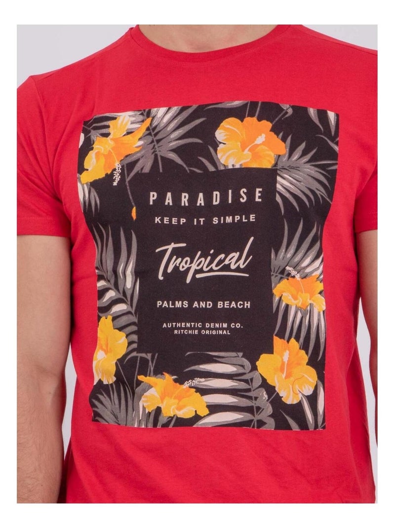 NOCTAVIO T-shirt met korte mouwen, ronde hals en gemaakt van puur katoen. Rood - Kiabi