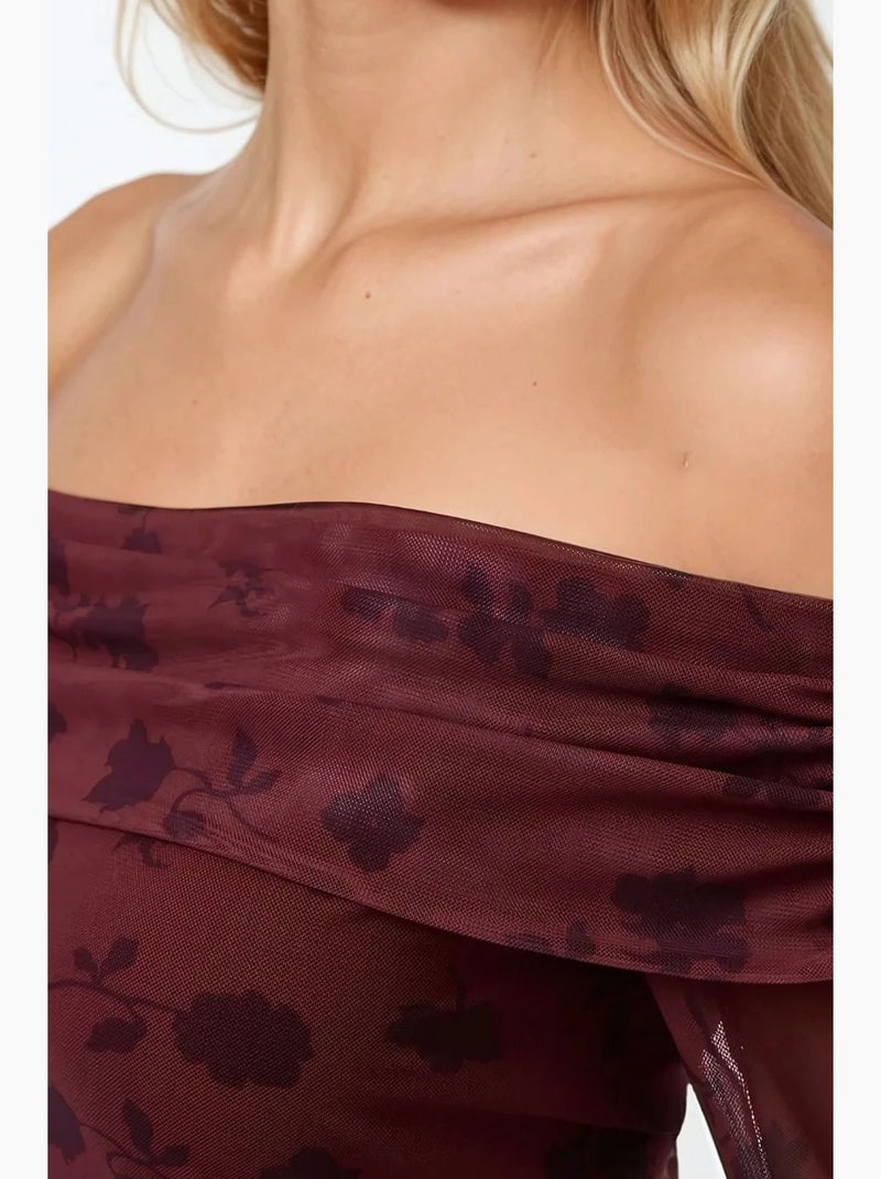 Off-shoulder bodycon mini-jurk met bloemenpatroon hiccup Rood - Kiabi