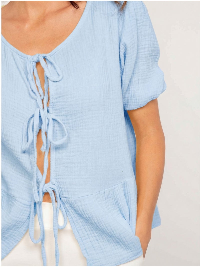 OLERVIE katoenen gaasblouse met knoopdetails Hemelsblauw - Kiabi