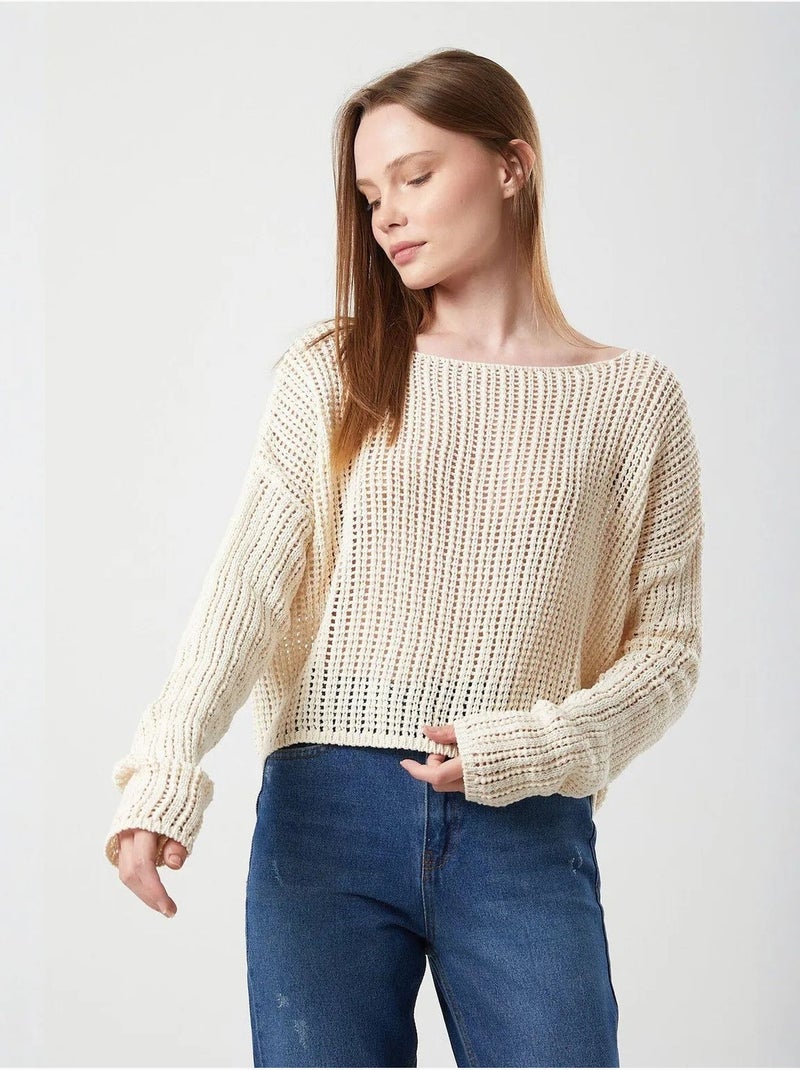 Opengewerkt cropgebreid topje met boothals mixray Beige - Kiabi