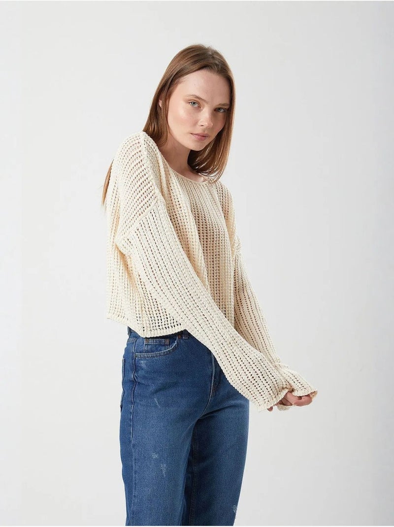 Opengewerkt cropgebreid topje met boothals mixray Beige - Kiabi