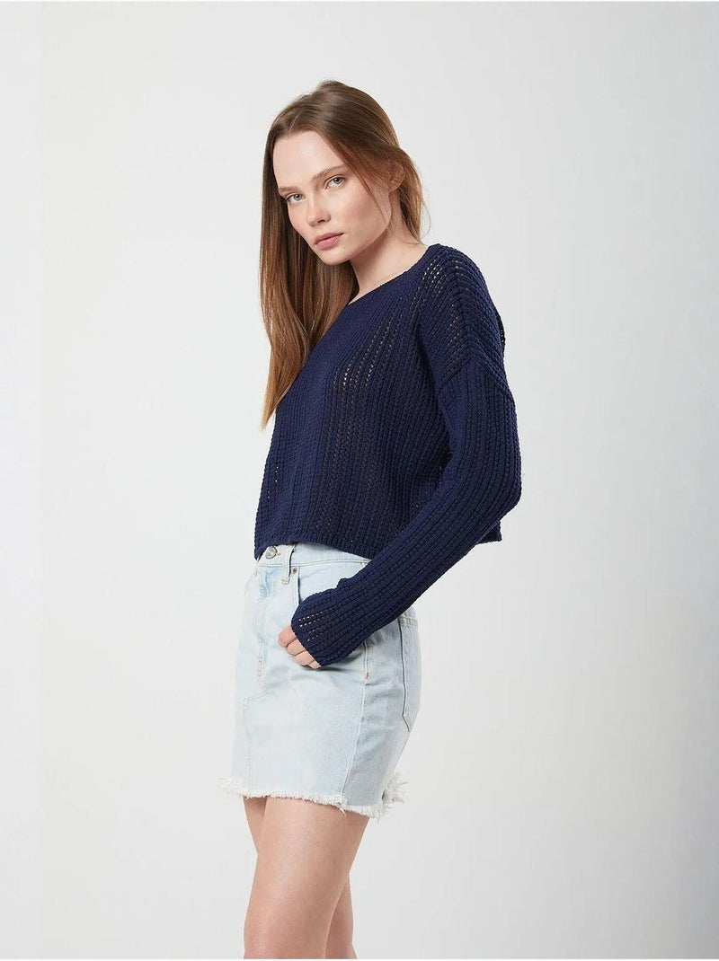 Opengewerkt cropgebreid topje met boothals mixray Marineblauw - Kiabi