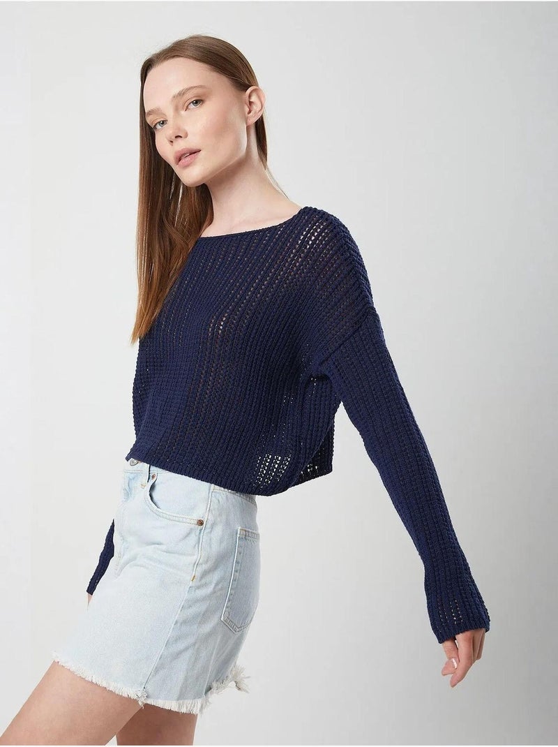Opengewerkt cropgebreid topje met boothals mixray Marineblauw - Kiabi