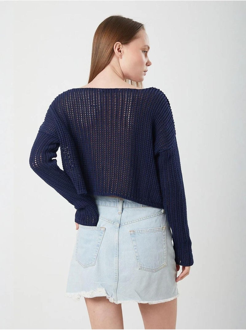 Opengewerkt cropgebreid topje met boothals mixray Marineblauw - Kiabi