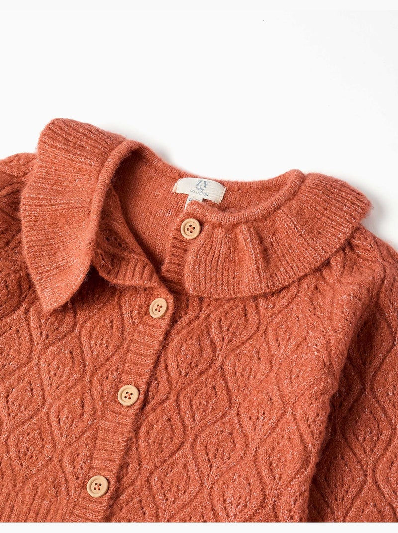 Openwork gebreid vest met kraag met ruches Bruin - Kiabi