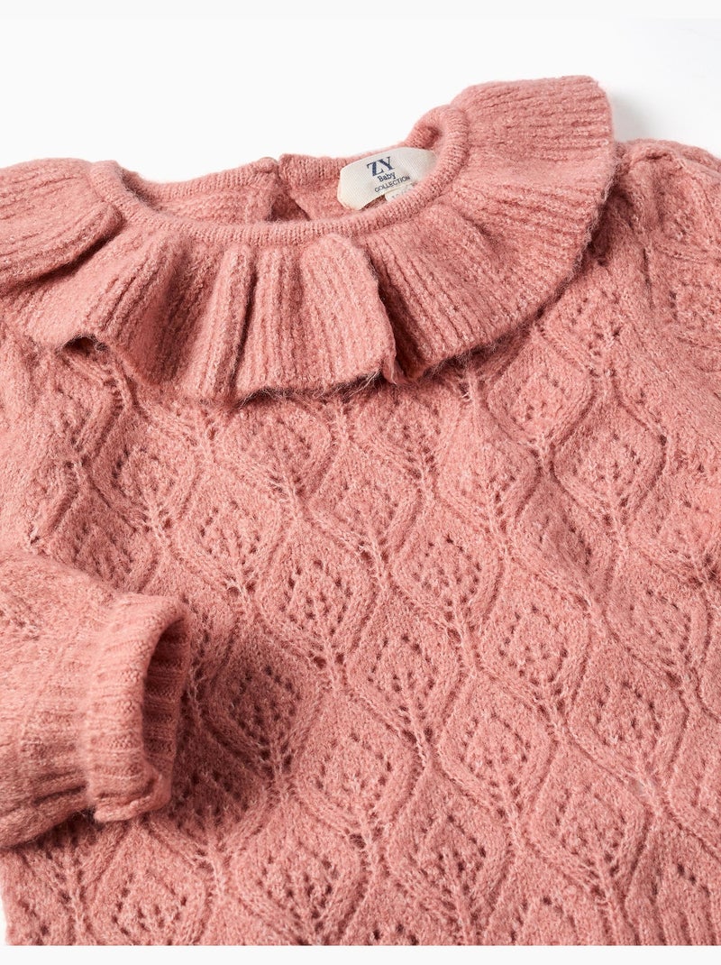Openwork gebreide trui met gerafelde kraag Roze - Kiabi