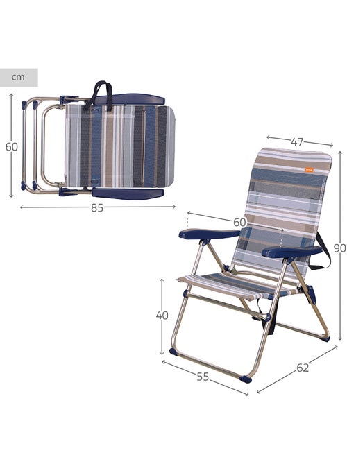 Opklapbare strandstoel, 5 standen, blauw-grijze strepen aktive - Kiabi