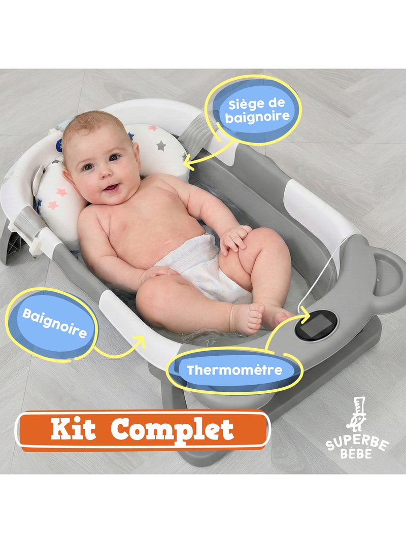 Opvouwbaar babybadje - Inclusief thermometer en badkussen - BEAR | SUPERBE BEBE Grijs - Kiabi