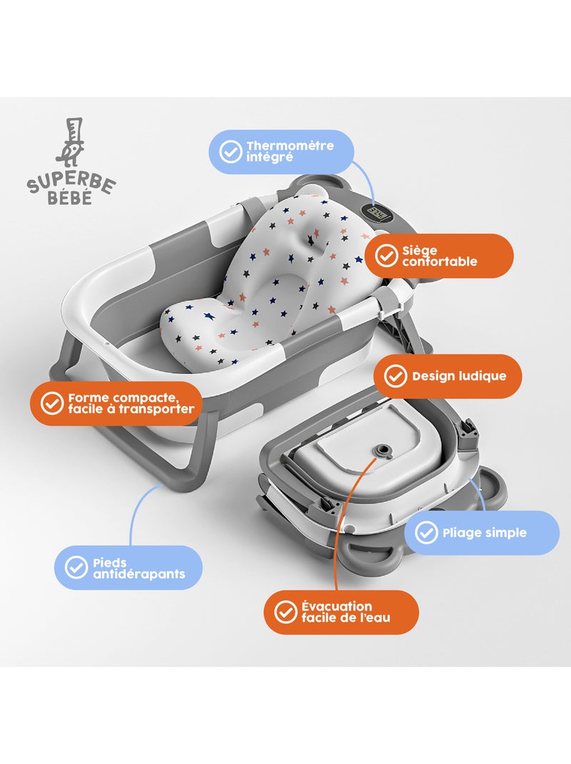Opvouwbaar babybadje - Inclusief thermometer en badkussen - BEAR | SUPERBE BEBE Grijs - Kiabi